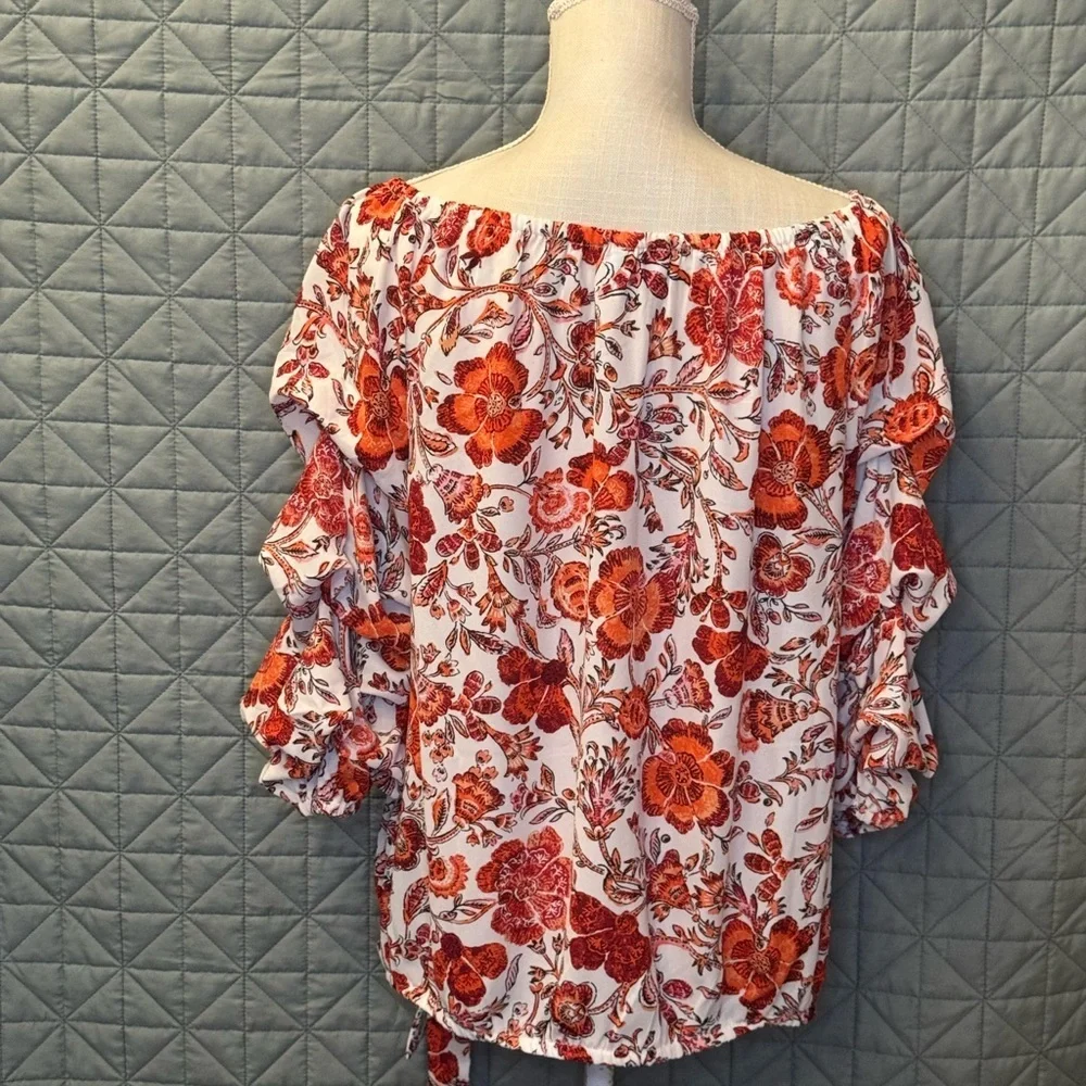 CeCe Red and White Floral Blouse